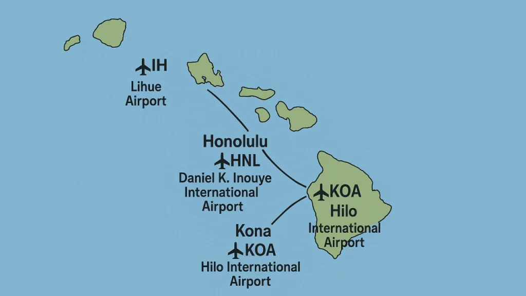 Map showing Hawaiian Airlines inter-island flight routes across Hawaiian Islands