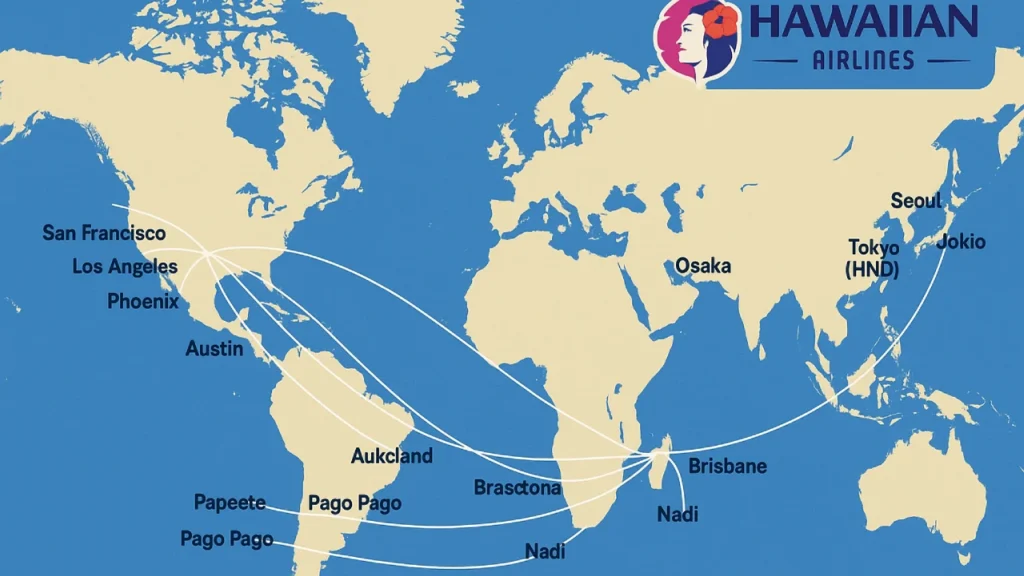 Route map displaying all destinations served by Hawaiian Airlines