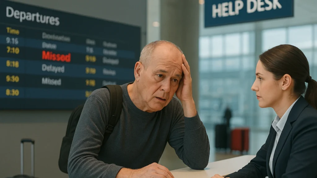 An Old Men at airline helpdesk asking about missed connecting flight steps