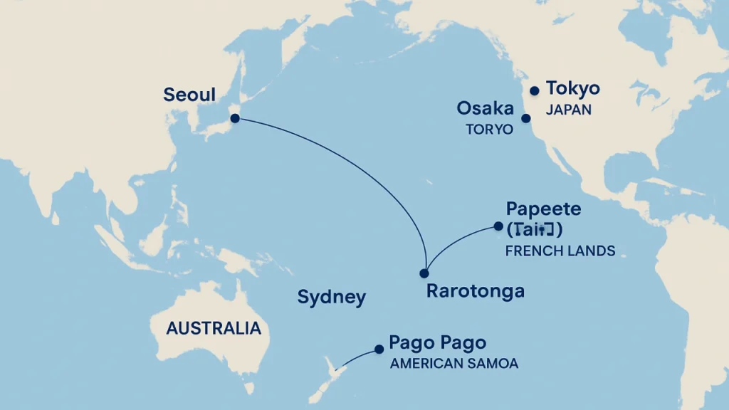 Map displaying Hawaiian Airlines international routes to Asia and South Pacific