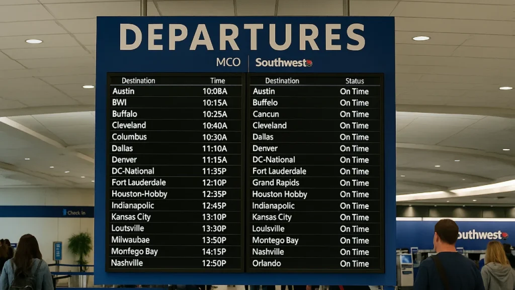 Flight schedule displayed for departures at MCO Southwest Airlines terminal