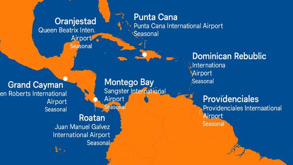 Sun Country Airlines route map showing Caribbean destination connections.