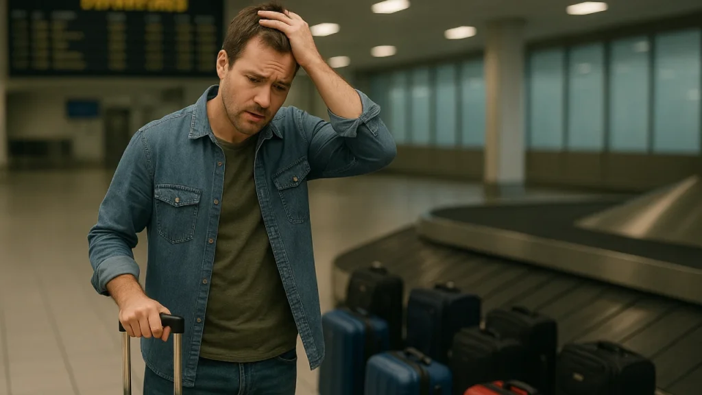 Worried traveler thinking about baggage after missing connecting flight