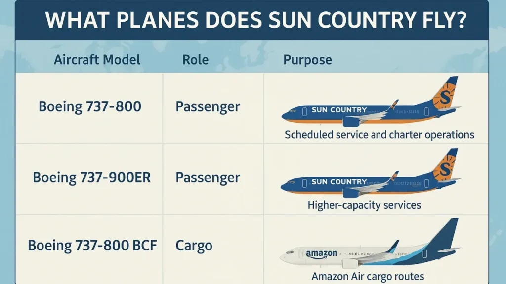Map showing Sun Country Airlines routes and aircraft types used.