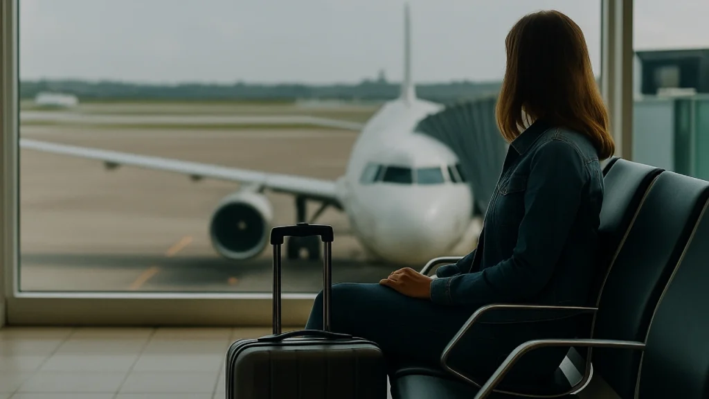 Woman thinking at airport about avoiding missed connecting flight steps