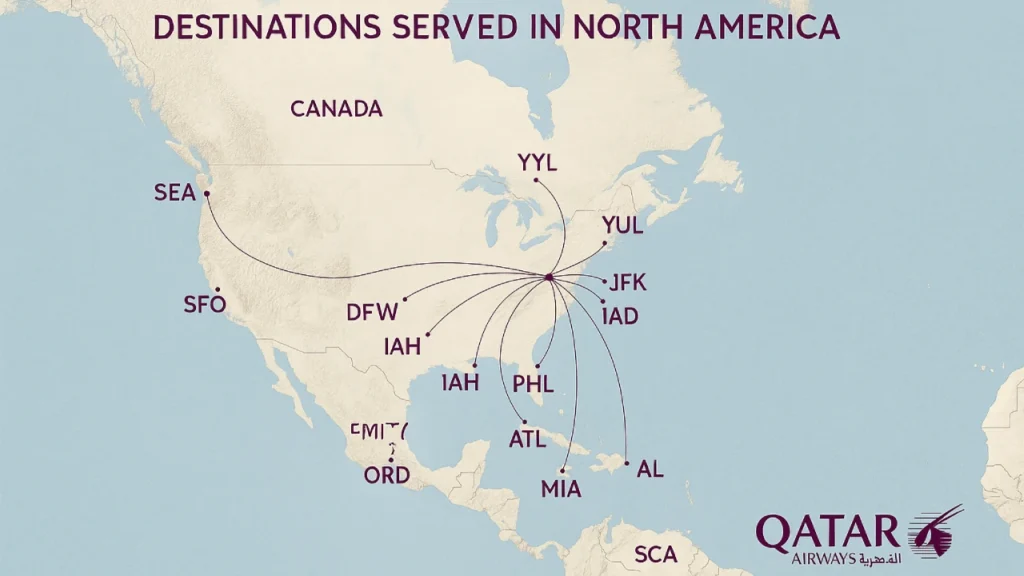 Map showing Qatar Airways routes and destinations in North America