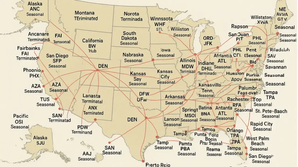 Sun Country Airlines route map showing complete destinations and network.