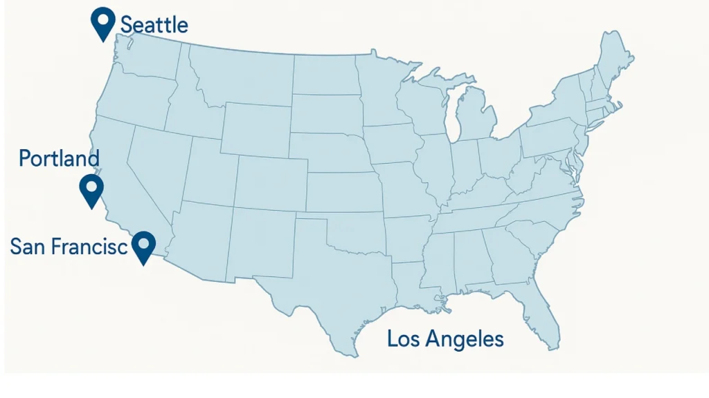 Map showing Alaska Airlines major hubs across United States airports