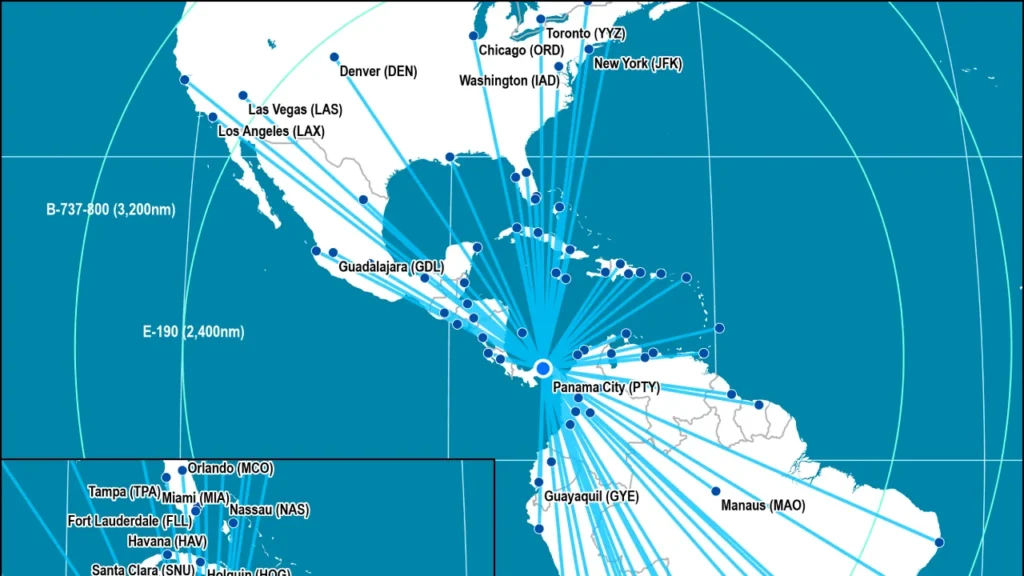 Copa Airlines Caribbean routes map displaying flight paths and destinations.