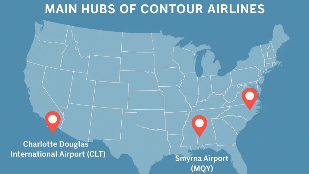 Map showing three main Contour Airlines hubs across the U.S.