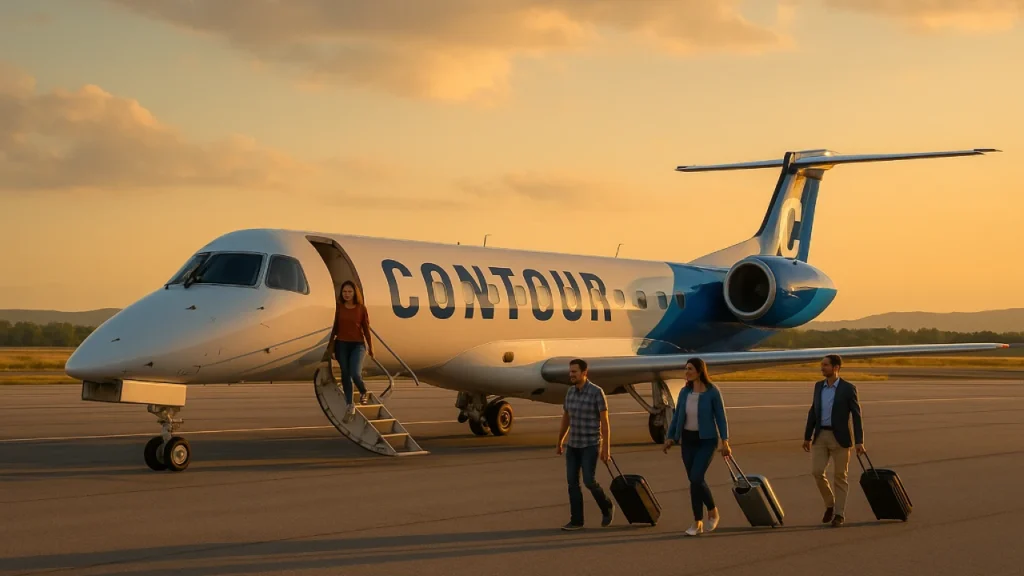 Passengers deboarding Contour Airlines plane during sunset on airport tarmac.