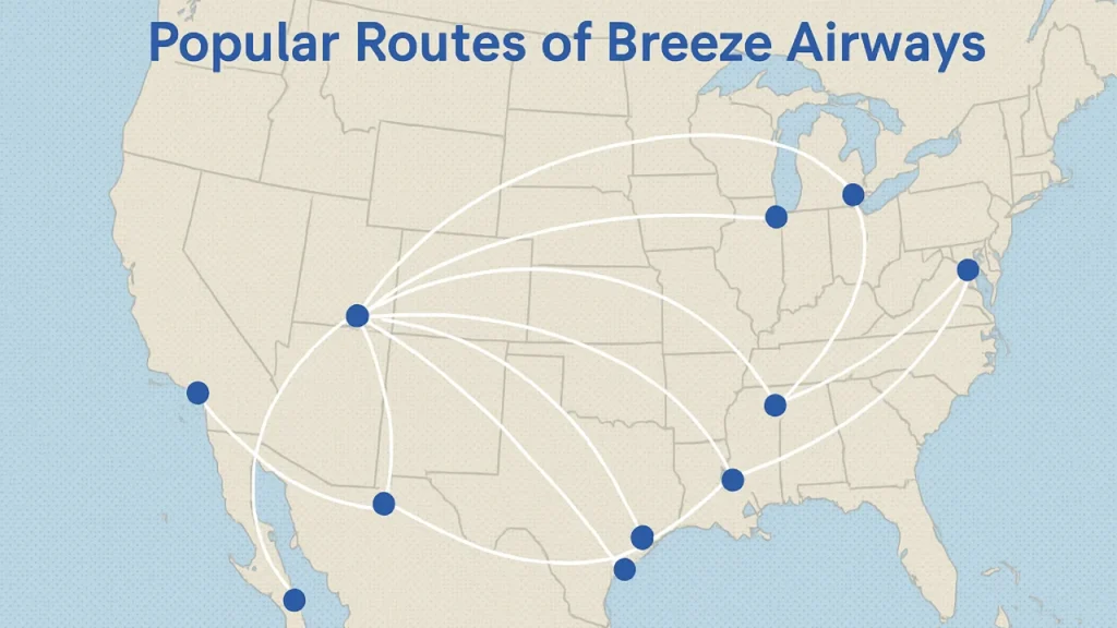 Popular Routes of Breeze Airways image showing major U.S. destinations.