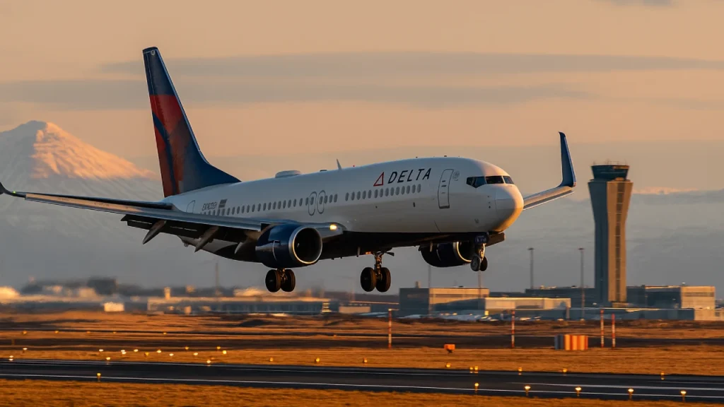 Delta plane landing at Reykjavik (KEF) airport in Iceland.