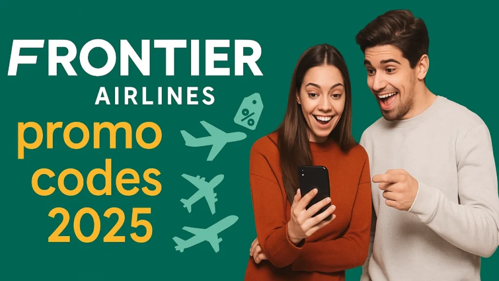 Excited travelers checking Frontier Airlines Promo Codes 2025 on phone.
