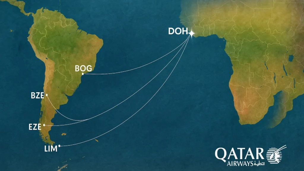 Map showing Qatar Airways routes and destinations in South America