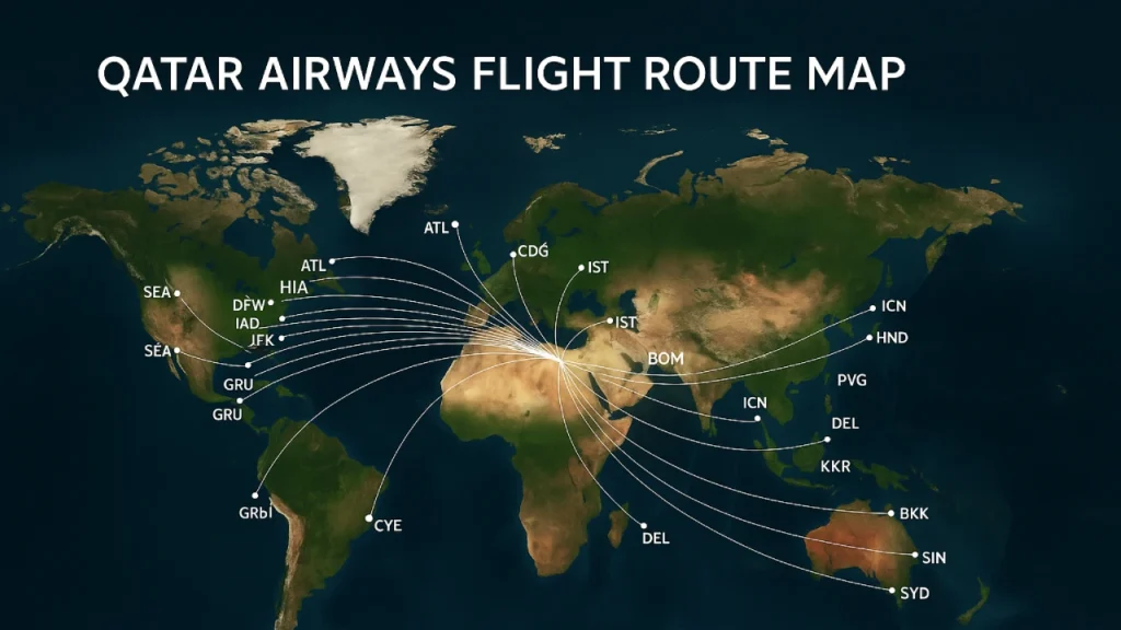 Map showing global Qatar Airways flight routes and destinations served