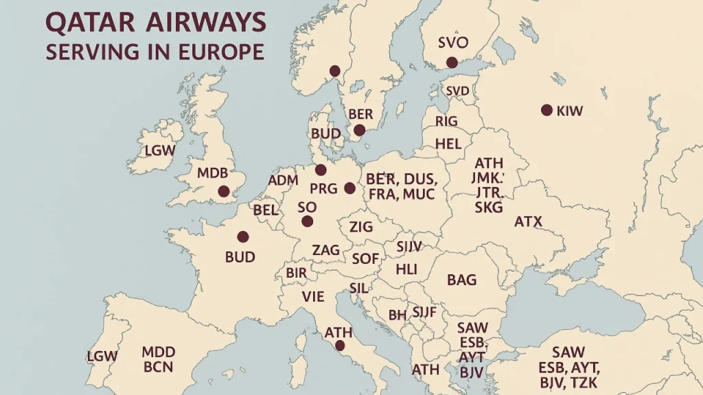 Map showing Qatar Airways flight routes to European destinations