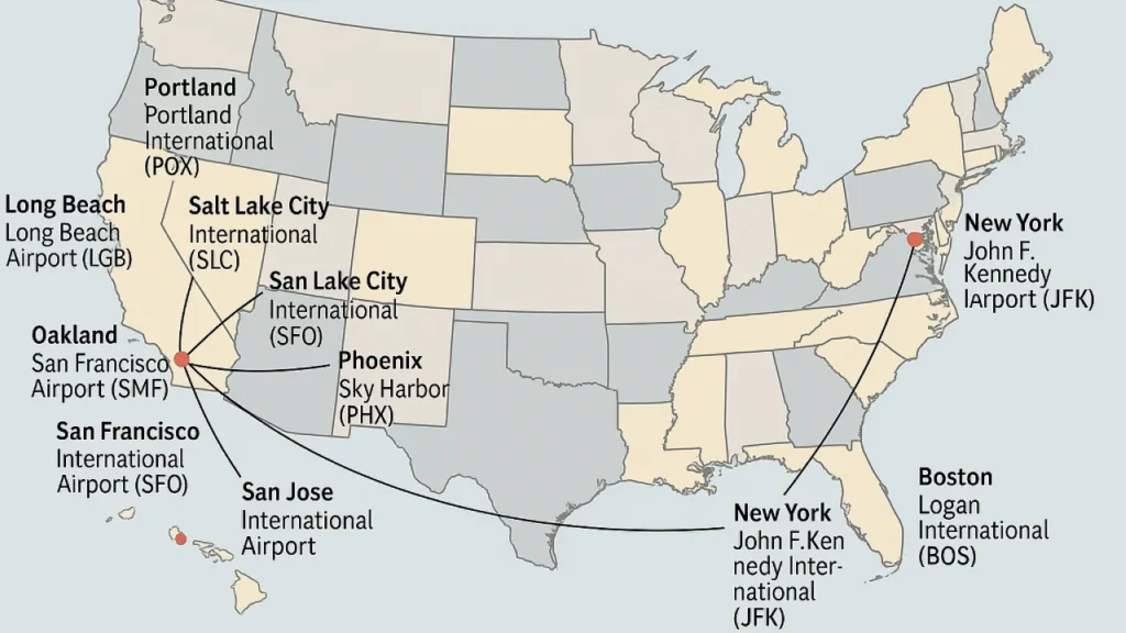 Map showing Hawaiian Airlines flight routes to U.S. mainland cities
