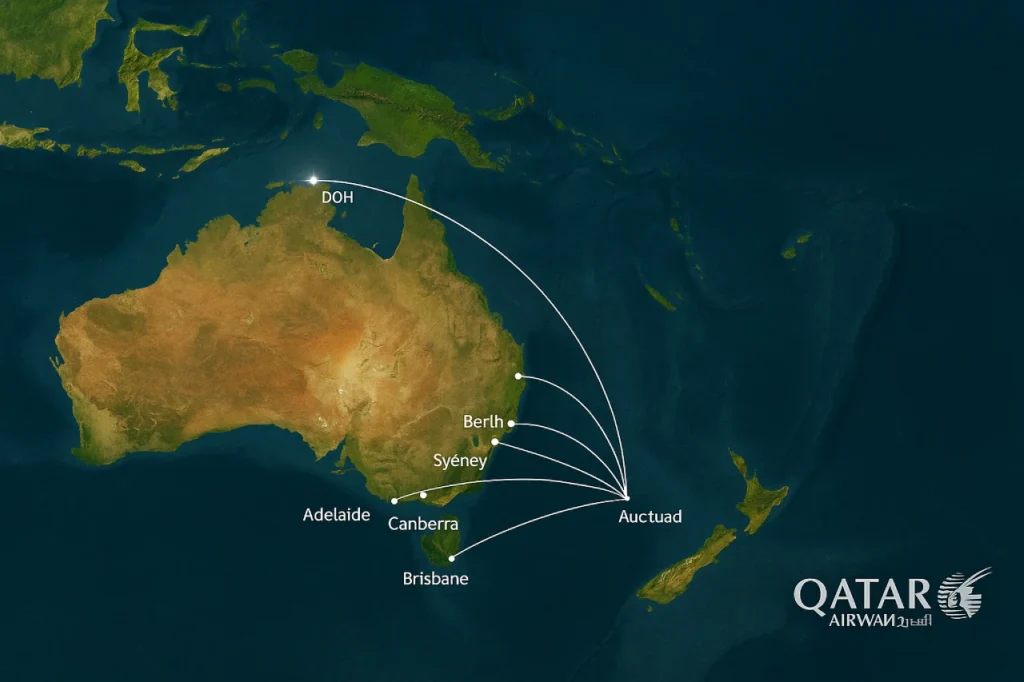 Map showing Qatar Airways flight routes to Australia and Oceania