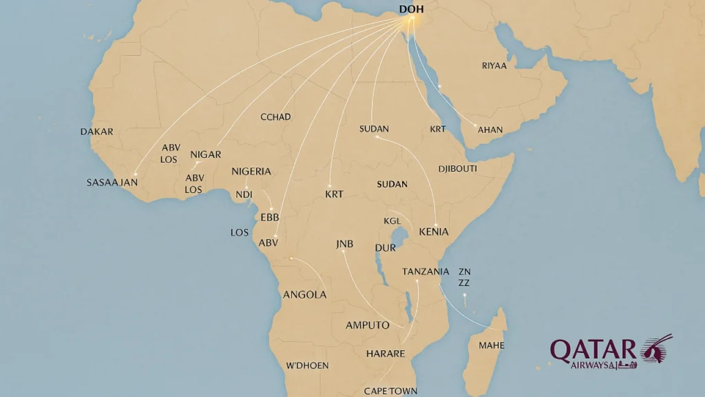 Map showing Qatar Airways flight routes to African countries