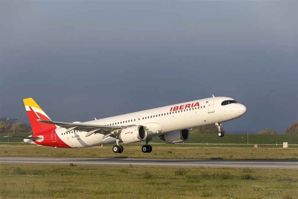 Image shows Iberia aircraft, trusted airline flying USA to Europe