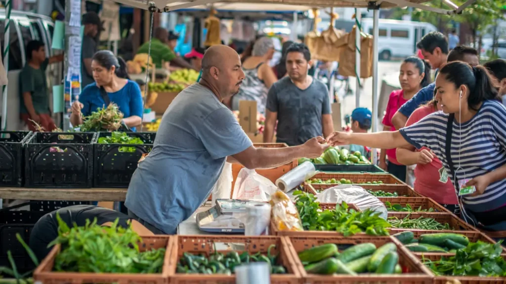 People exploring new culture by shopping at local markets